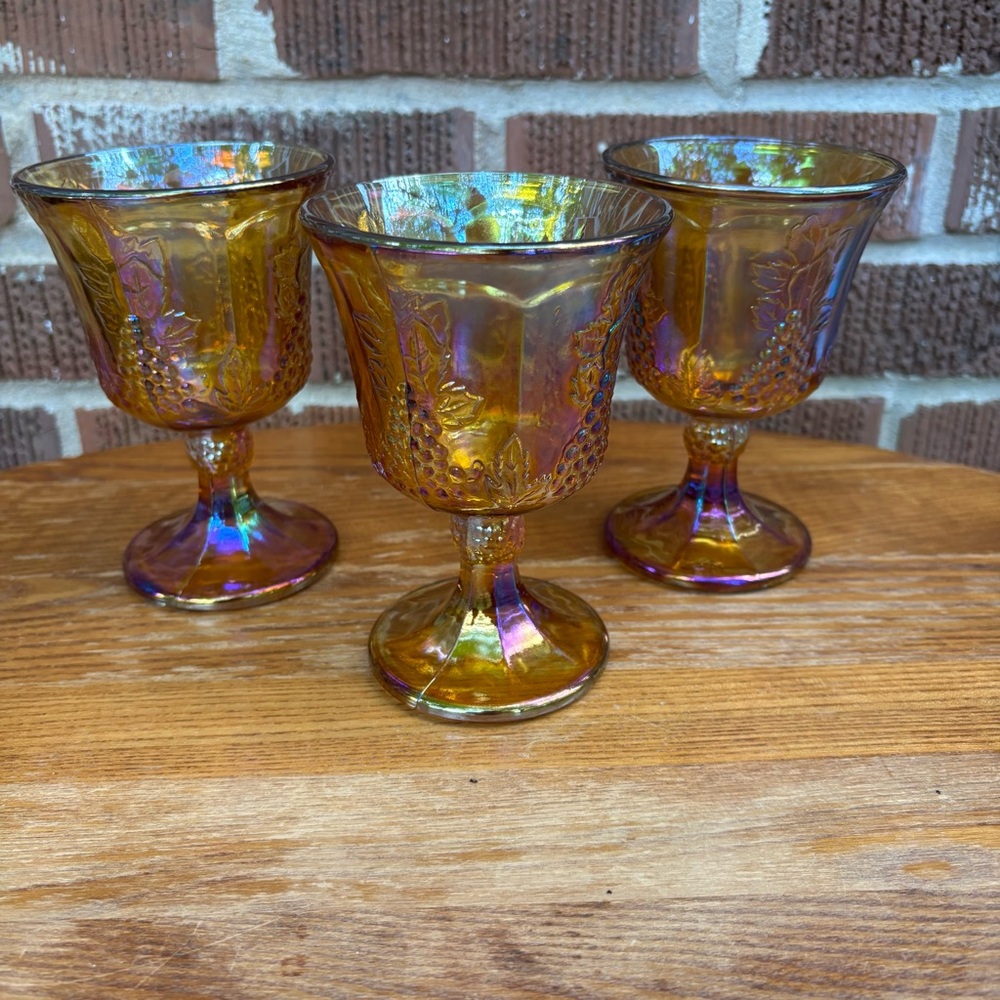 Carnival Glass Goblets Harvest Indiana Retro mid century mod gothic Vintage 3 pc